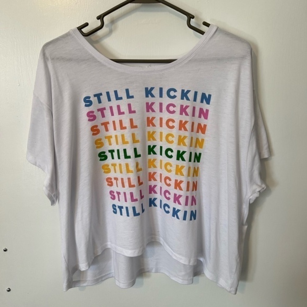 Still Kickin’ Large Soft Boxy Crop Tee with Rainbow Print